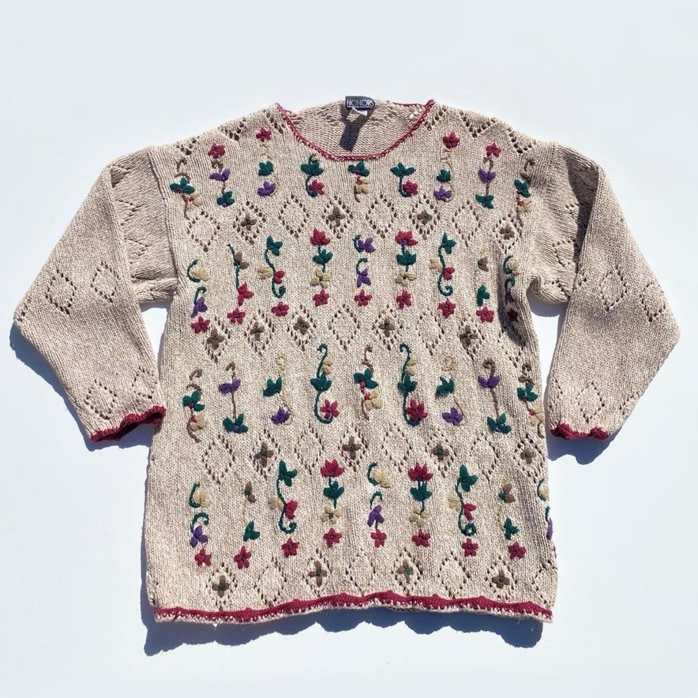 Vintage Embroidered Knitted Sweater Floral Women's Large Cottage Fairy Grandma